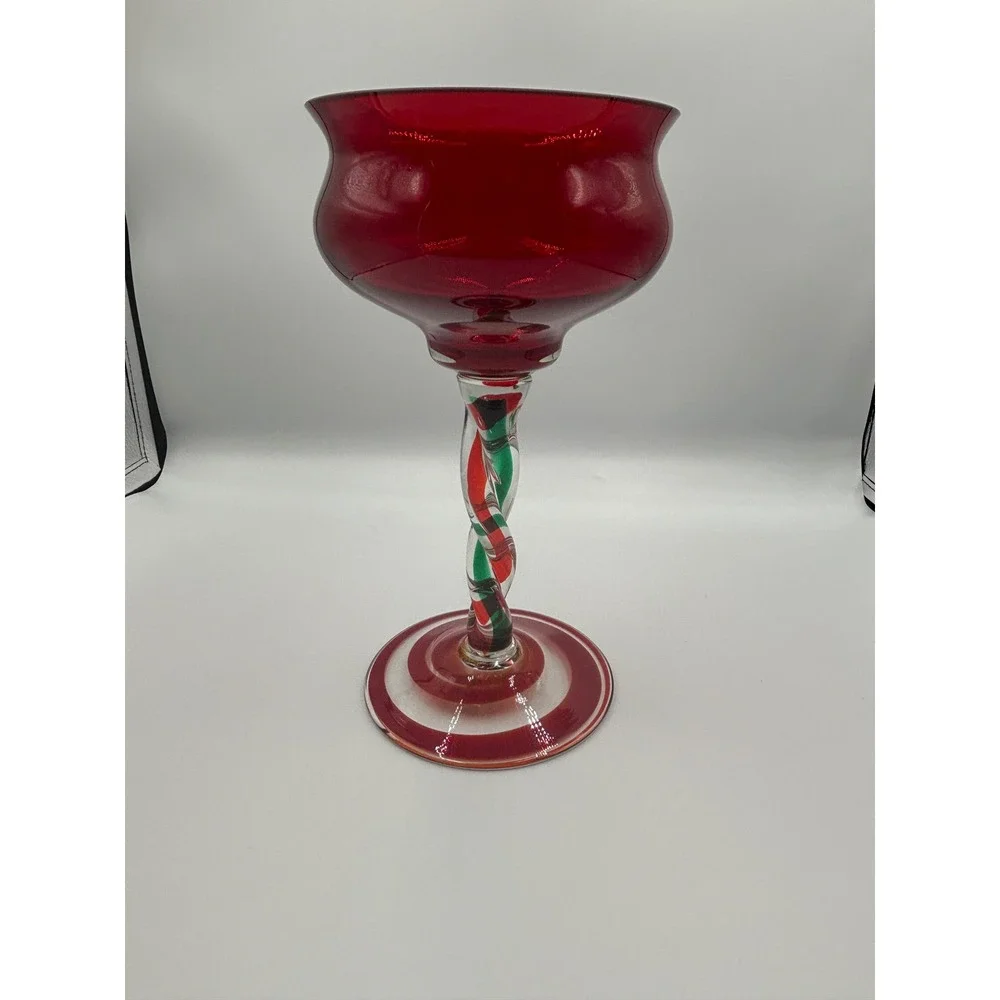 Hand Blown Poland Glass Goblet Red Green White Twisted Stem Spiral‎ Base Holiday